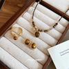Electroplated Tiger's Eye Stone Necklace, Stud Earrings, Maillard Retro Temperament Set, Light Luxury Niche