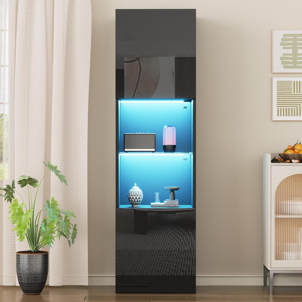 160cm, Glasvitrine Schwarz Hochglanz - Moderne Kommode viel Stauraum, Hochschrank Highboard, Schrank Wohnzimmer Küche Esszimmer Büro