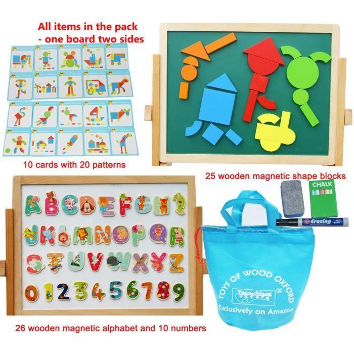 Toys of wood oxford chevalet double-face pliant aimanté avec cadre en bois + formes, lettres et chiffres aimantés
