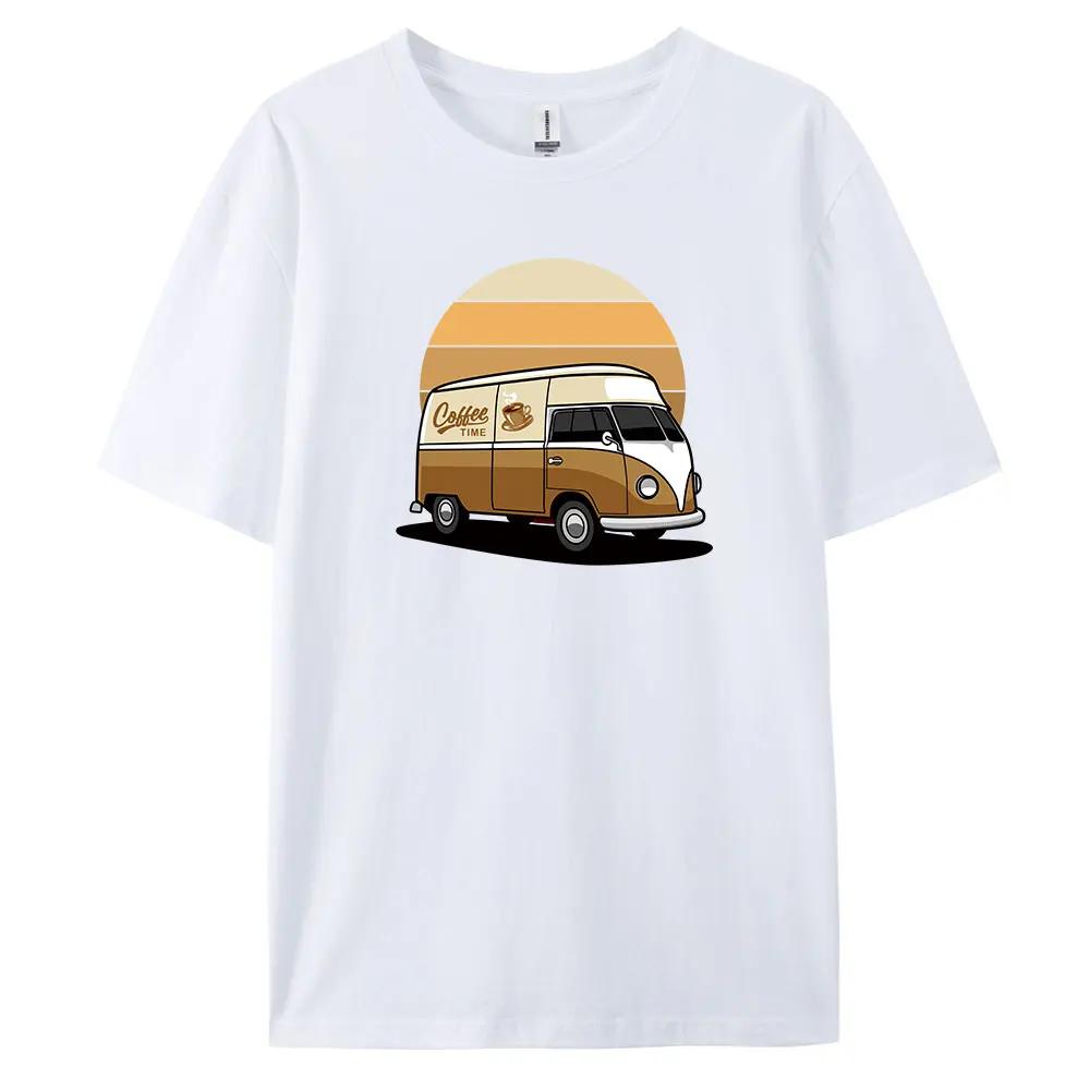 Men's Coffee Bus Pattern Printed 100% Cotton Casual Short-sleeved T-shirt, Street Trend High-quality Top