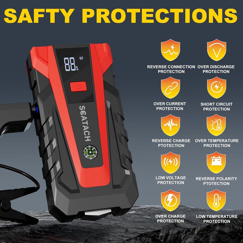 3000A Car Battery Jump Starter 12V Portable Jump Box with Flashlight & Jumper Cable