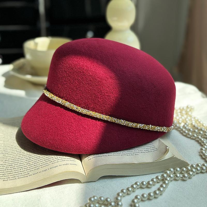 

Premium Australian Wool Felt Derby Hat Rhinestone Trim Elegant Ladies Classic Fall Winter Cap M 56-58cm бордовый