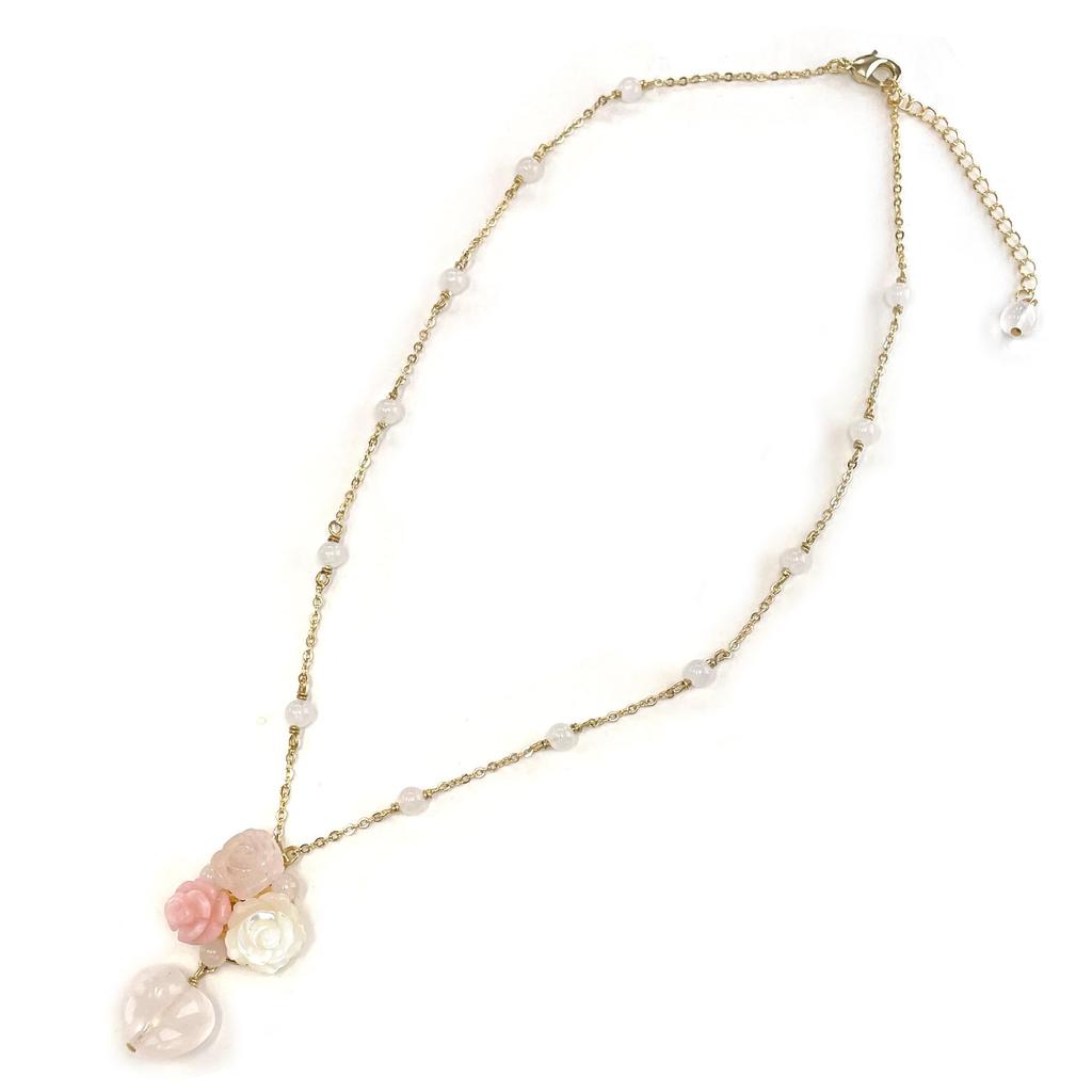 Cherry Rose Quartz Heart Rose Flower Pink Opal Pendant Natural Power A1125 Mother-of-Pearl Necklace, Stone, Stone,