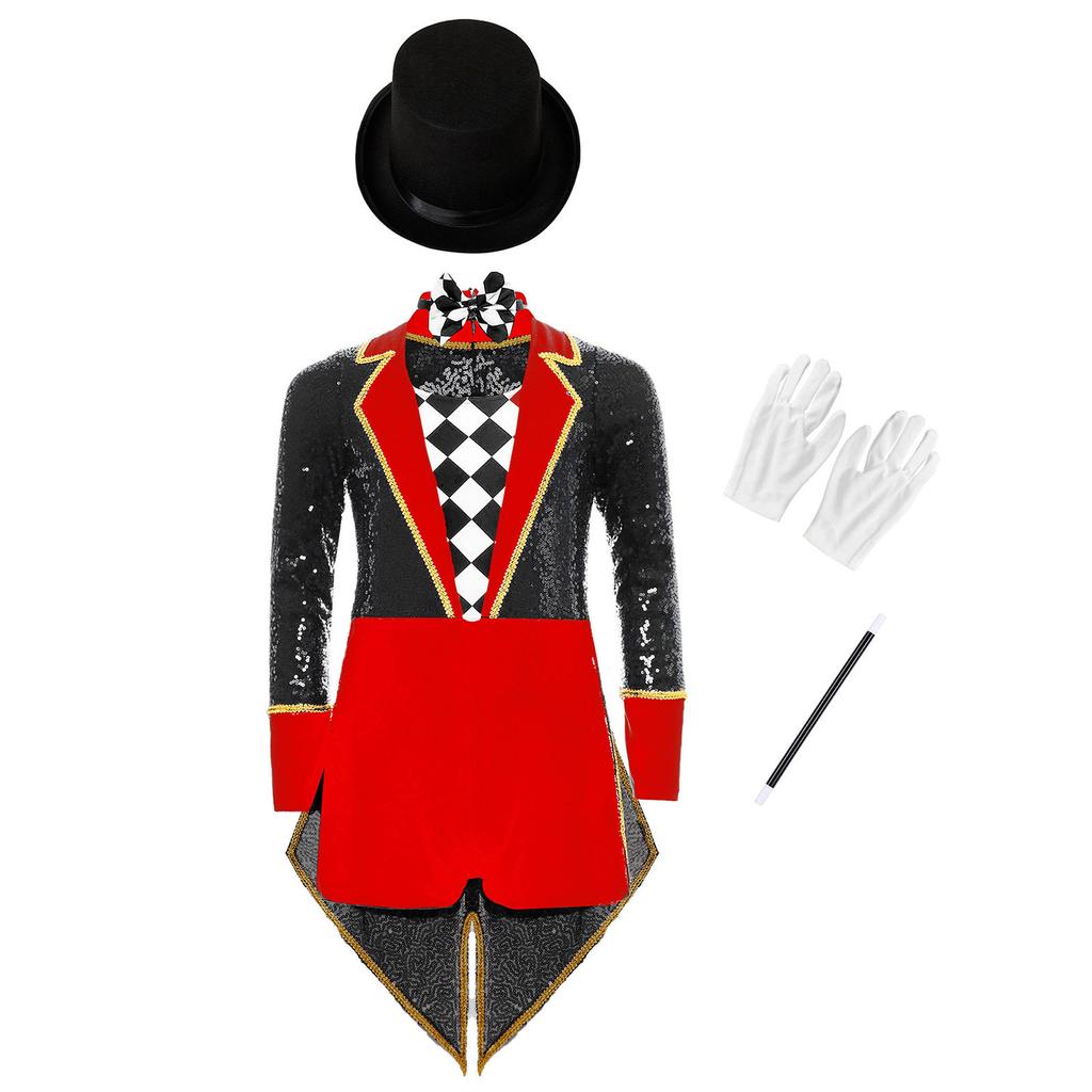 Complete Kids Magician Halloween Costume Set: Sequin Checkerboard Tailcoat Bodysuit with Hat, Bow Tie, Gloves & Magic Wand