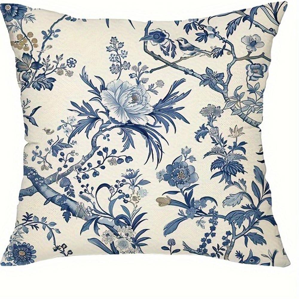 Retro blue floral bird pattern printed pillowcase living room sofa cushion cover bedroom room home decoration