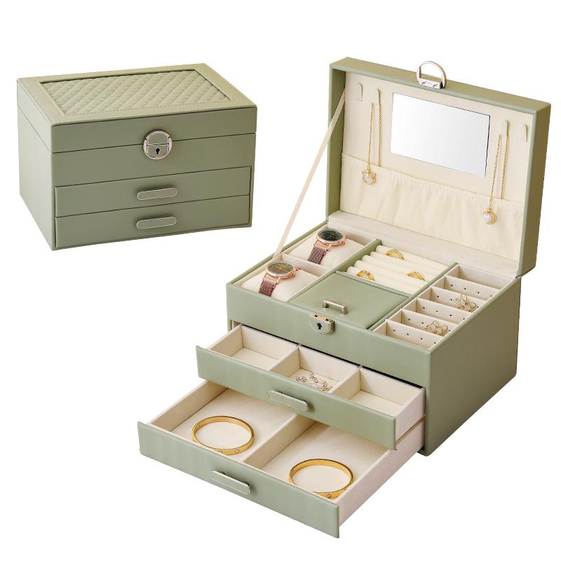 

1PC, light luxury high-end PU leather diamond three-layer leather jewelry storage box with lock зелёный