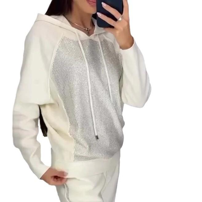 Women's Sets Plus Size Solid Color Long Sleeves with Pockets Rhinestone Hooded Sweatshirt Trousers 2 Piece Set