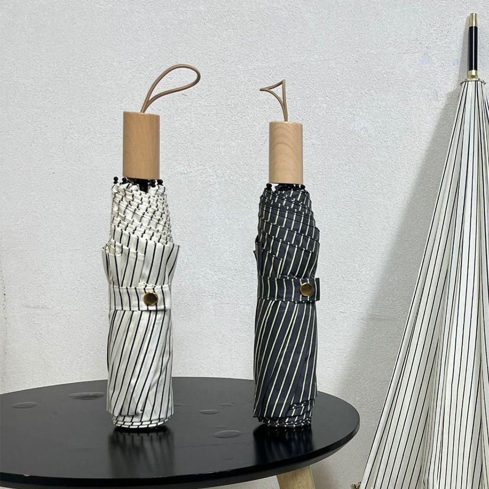 INS Striped Folding Umbrella Sun Rain Dual-Use Rainproof Mini Sunshade Umbrella UV Protection Portable Hand Operated Parasol Men