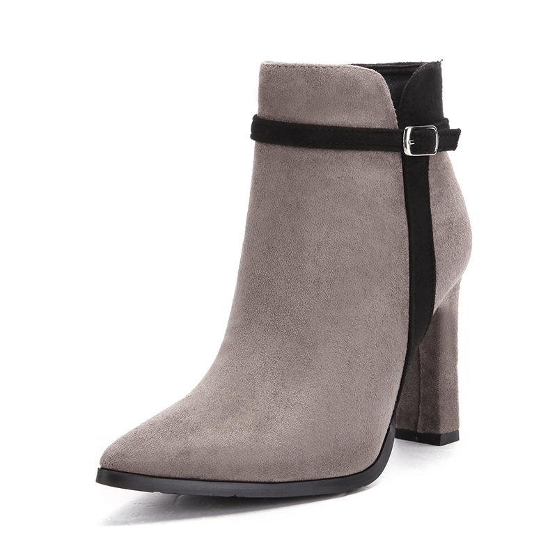 Autumn and Winter New European and American Pointed-toed Thin-heeled Short Boots Women's Suede Splicing Fashionable High-heeled Boots