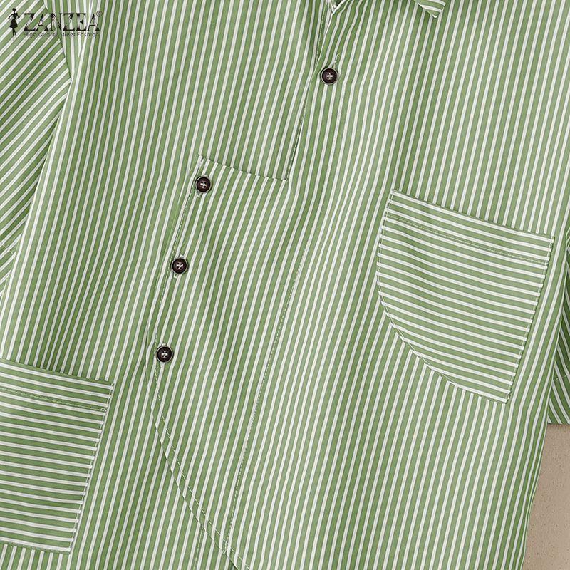 ZANZEA Women Casual Turn Down Collar Loose Short Sleeve Stripe Blouse