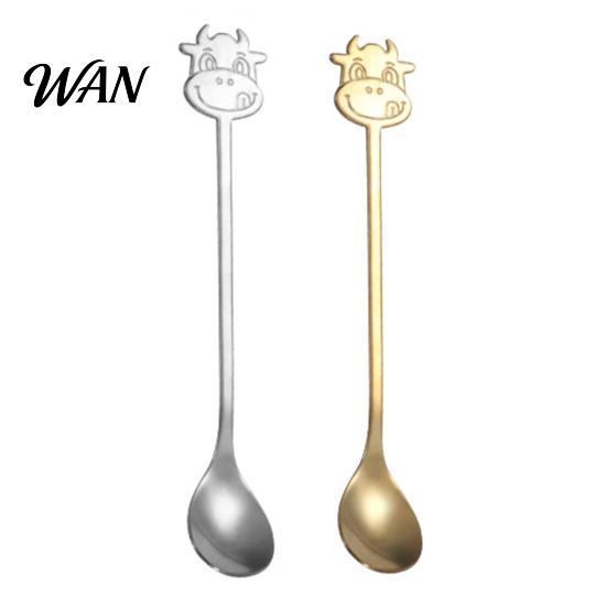 Gold Stainless Steel Spoon Coffee Spoon, Long Handle with Bull Head Decor, Gift for Lovers Multifunctional Stirring Milk Tea Yogurt Jam Silver