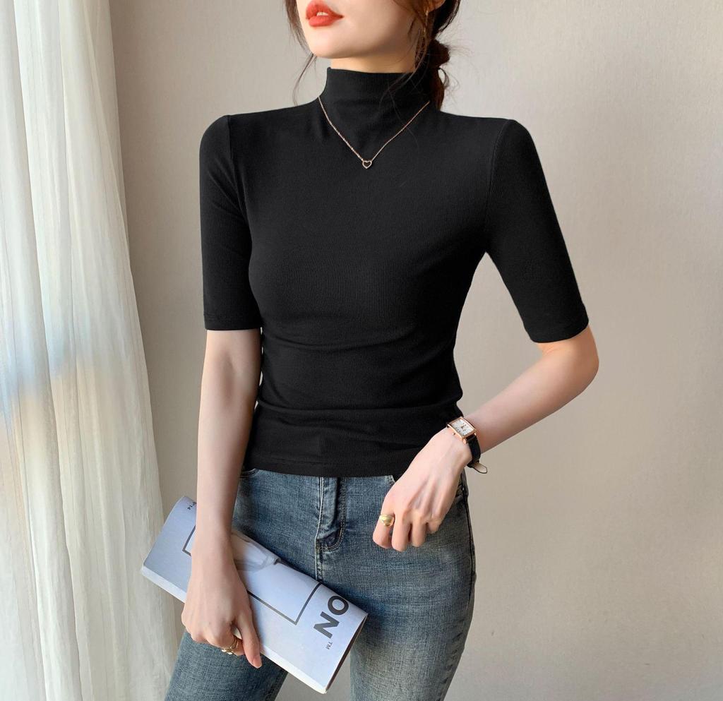Women's Half-High Collar Ribbed Shirt: Mid-Length Sleeves, High Elasticity, Perfect for Autumn/Winter.