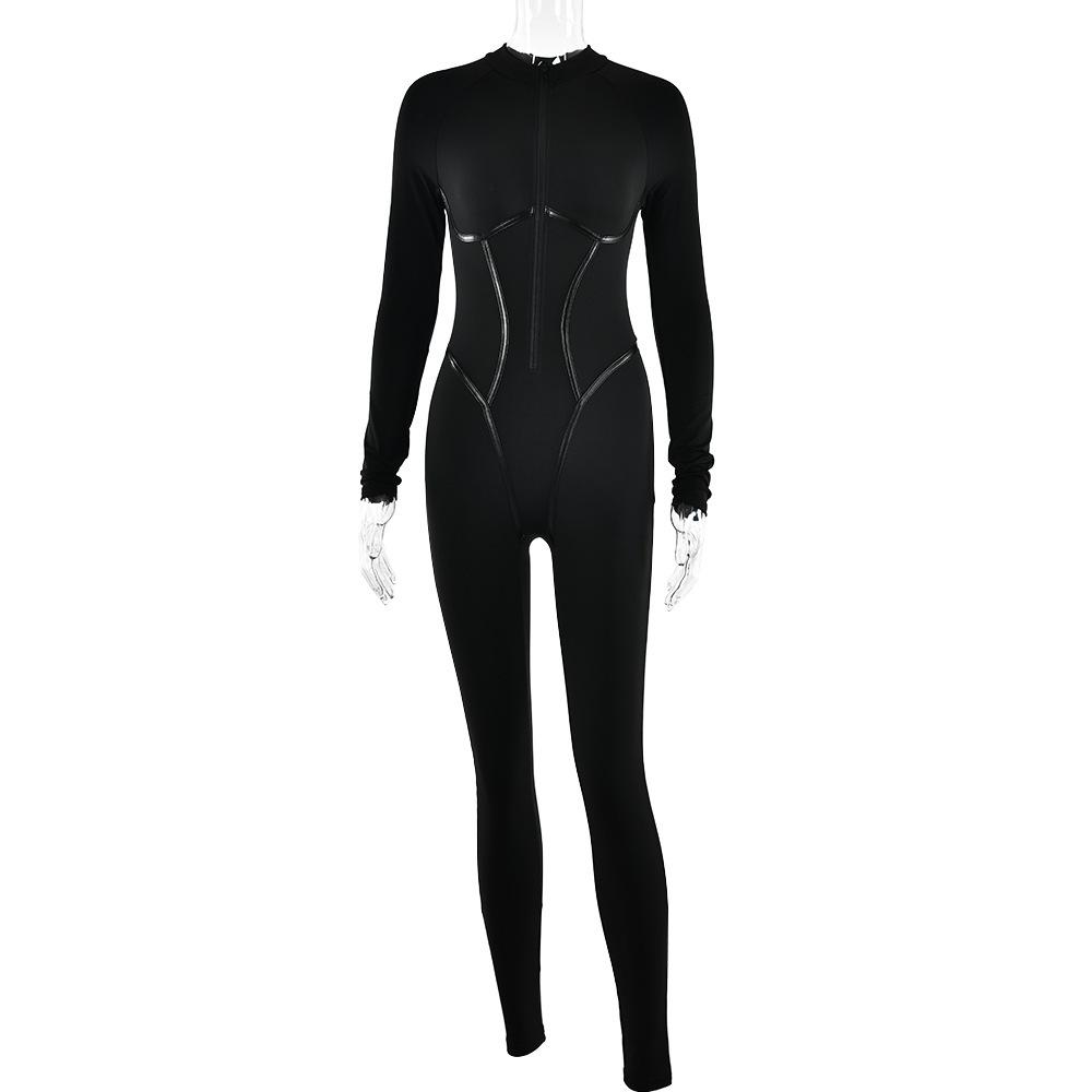 Leather-Split Design, Sports-Style Sexy Long-Sleeve Jumpsuit