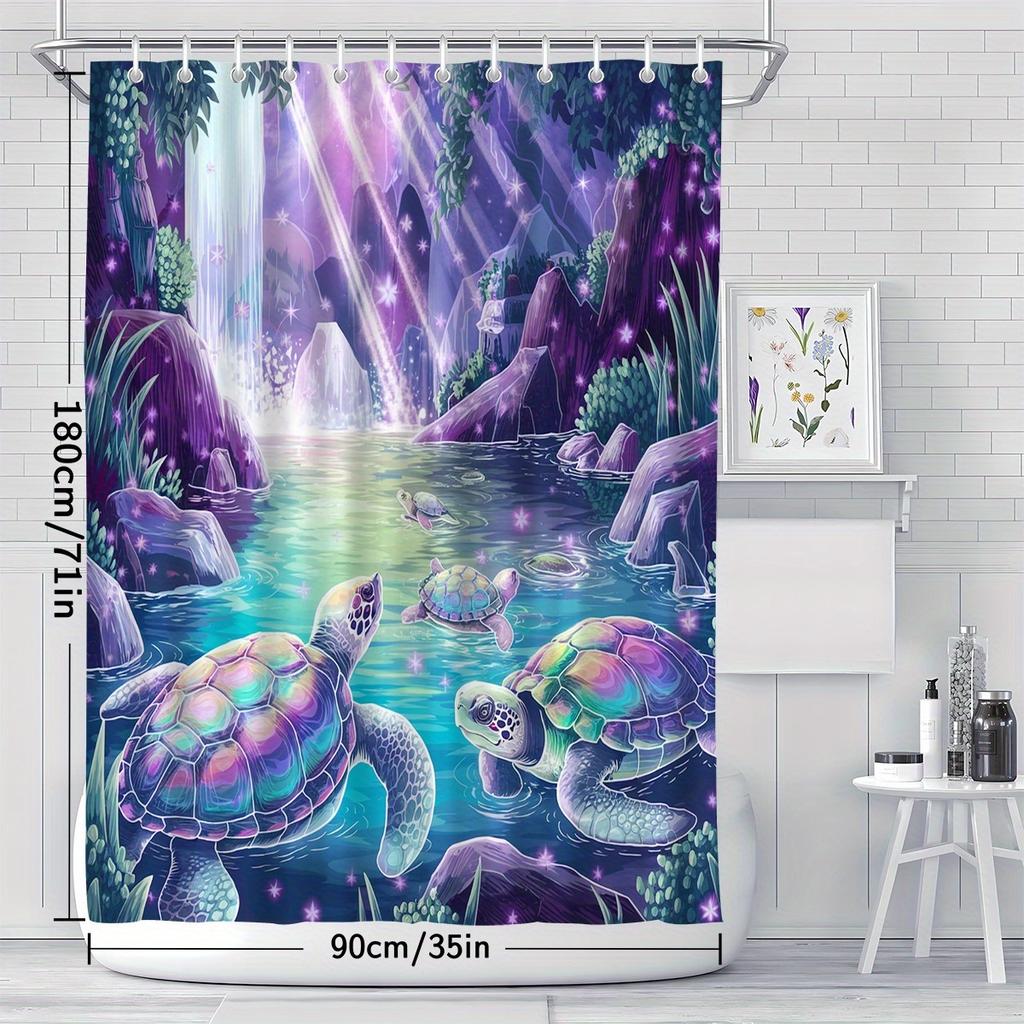 3D Schildkröte Duschvorhang Bunte Meeresschildkröten Magische Wasserfall Szene Kosmische Natur Kunst Ruhig Modern Dekor Wasserdicht Bedruckt