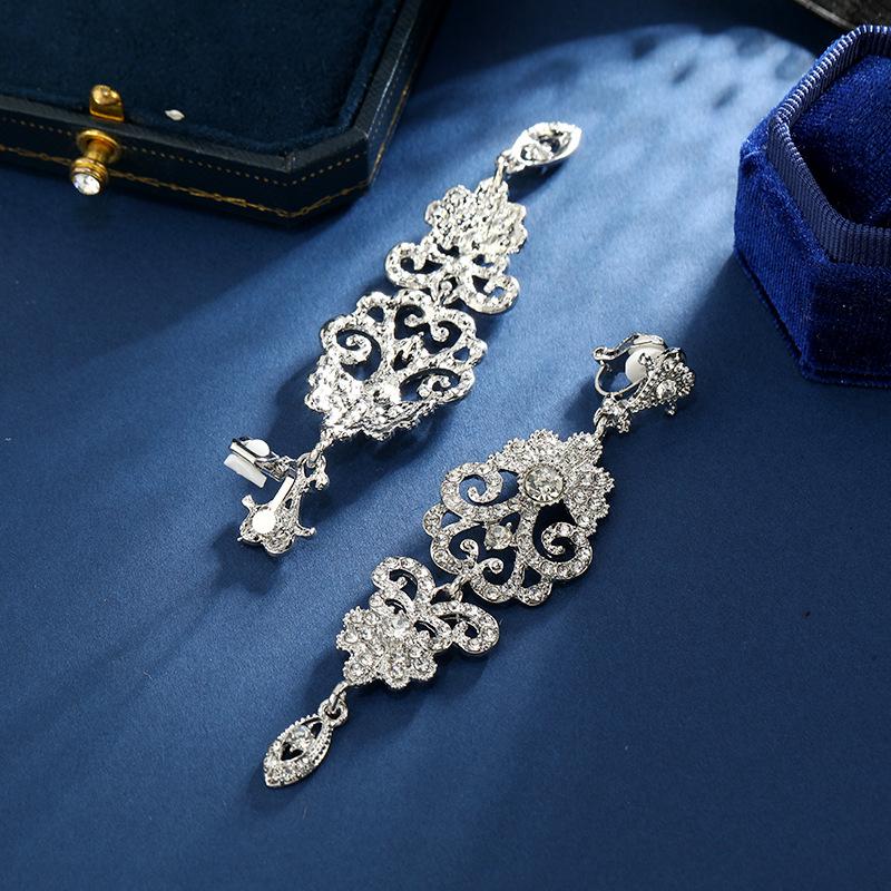 Retro Palace Ear Clips Big Luxury Rhinestone Bridal Earrings Elegant Sparkling Crystal Hanging Drop Party Wedding Jewelry Gift