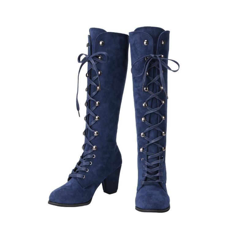 Mode Mittelalterlich Viktorianisch Damen Kniehohe Stiefel Gothic Wildleder Klobiger Absatz Schnürschuhe Mid-Calf Schuhe Cosplay Kostüm