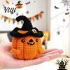 Holiday Atmosphere Enhancer Handmade Crochet Positive Pumpkin with Witch Hat, Fall Boo Basket Stuffer, Decorative for Shelves Mini Knitted Plush