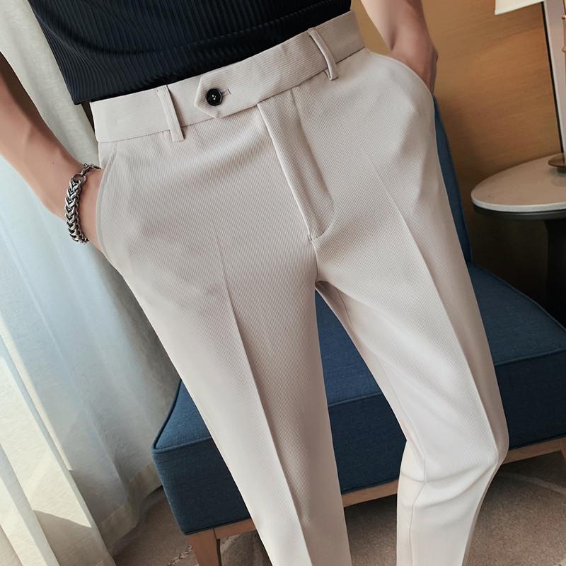 Korean Slim Fit Men's Nine-Point Stripe Dress Pants - Summer Lightweight Casual Skinny Trousers