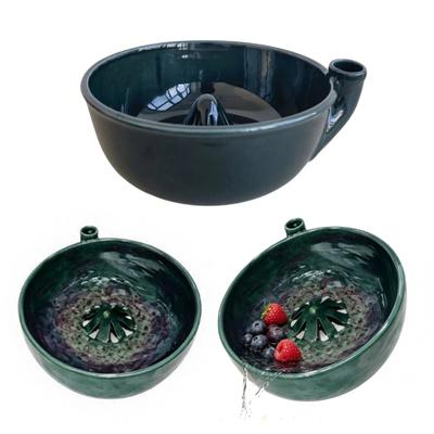 Kitchen Draining Bowl Self Rinsing Wash Bowl, with Hollow Drain Holes, Swirl-Flow Berry Retro Style Washing Ceramic Fruit Rinse for Counter Stoneware