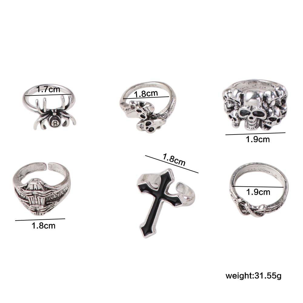 6pcs/Set Punk Men Ring Set Korean Style Skeleton Skull Rings Set Cool Skeleton Rings  Street Wear