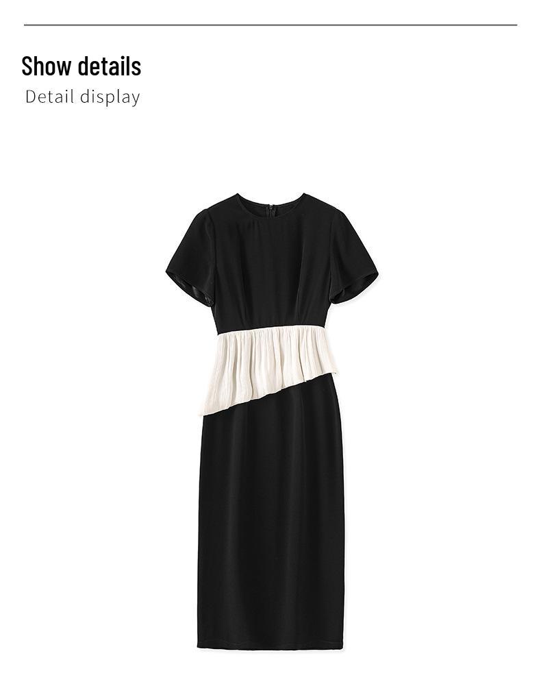 Women's Summer Satin Panel Ruffle Short Sleeve Dress - Bright Silk Waist-Gathering