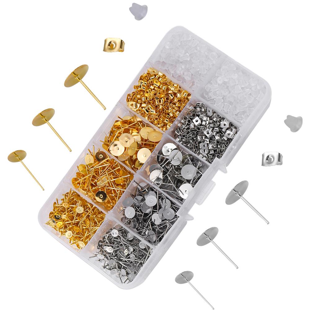 1400pcs/Box Blank Post Earring Studs Base Pins Box Flat Round Tray Base Ear Back For DIY Jewelry Making Kits Earring Accessories