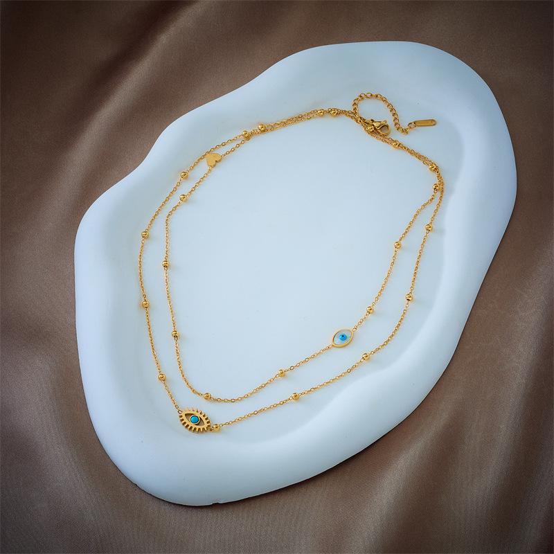 Gold Plated Stainless Steel Evil Eye Double Layer Satellite Chain Necklace for Women