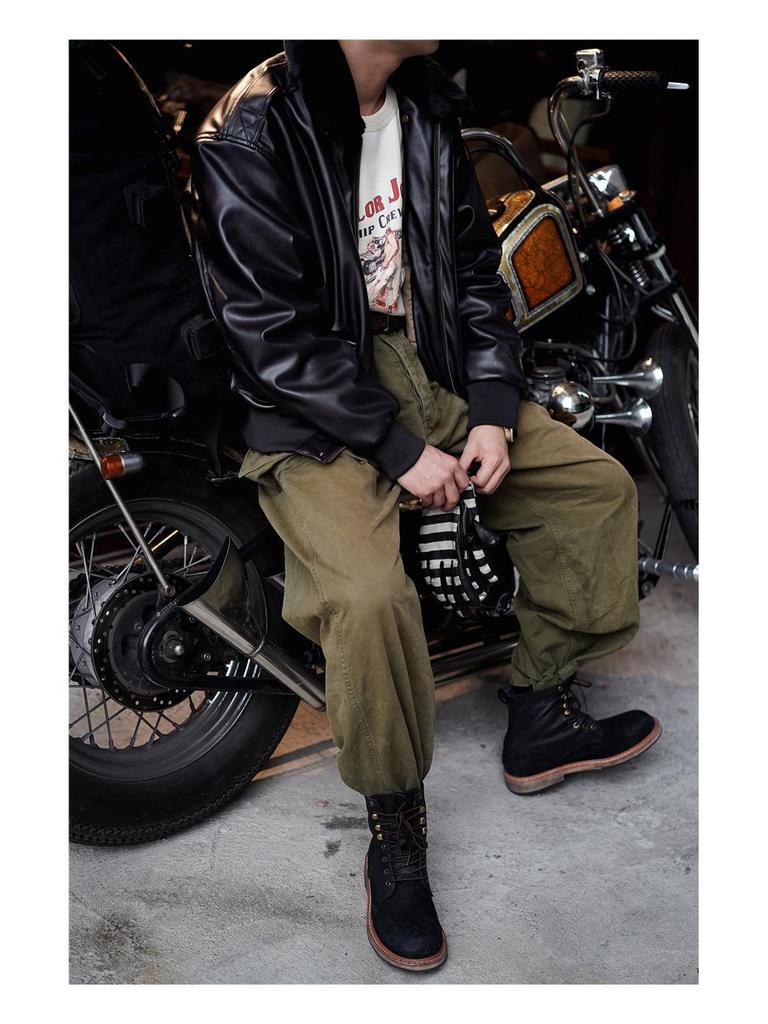 Normanlong Men's Retro A2 Aviator Jacket - American Military Vietnam War Leather with Fur Collar & Cotton Lining