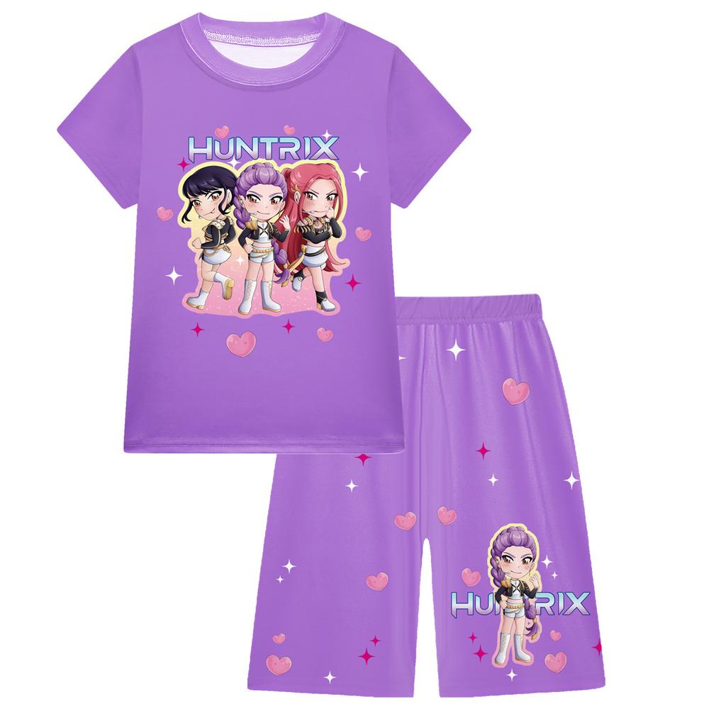 KPOP Mädchen T-Shirt und Hosen Set, Demon Slayer Cartoon, Zweiteiliges Kurzarm- und Shorts-Set für große Kinder