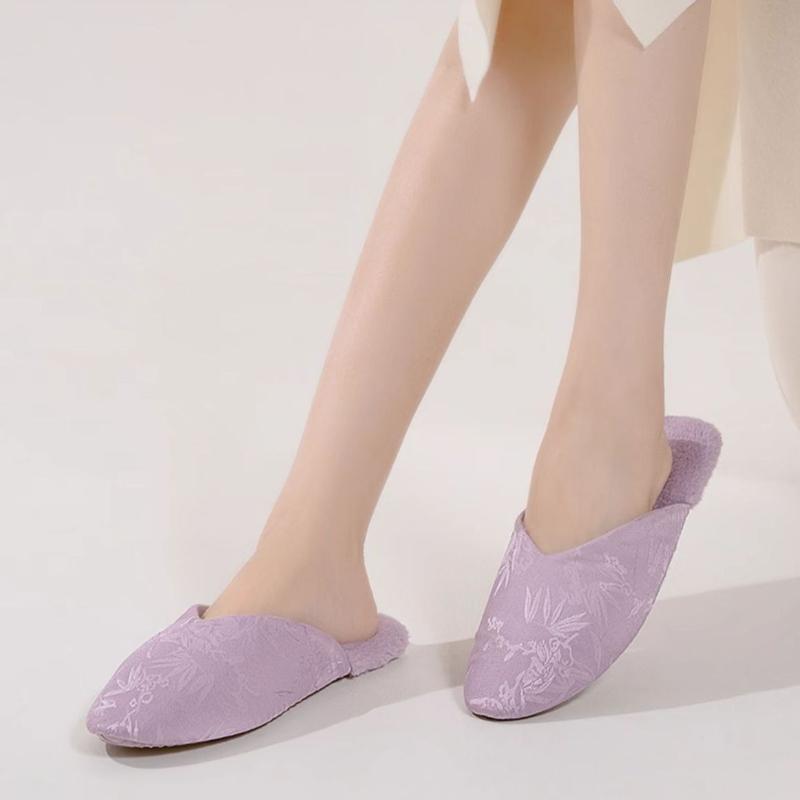 Fashion Elegant Purple Silk Print Design Flat Slippers Women Cozy Warm Fuzzy Brand Home Slipper Lightweight Soft Sole Sandalias De Mujer