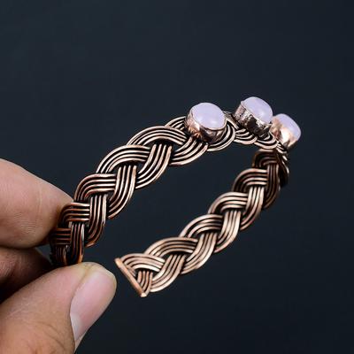 Gemma Calcedonio Rosa Fatto a Mano Filo di Rame Puro Avvolto Gioiello Polsino Regolabile Per Lei