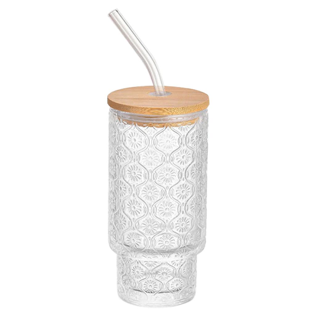 Beautiful Begonia Pattern Cup Reusable Glass Tumbler with Lid and Straw Perfect for Iced Coffee and Cold Beverages