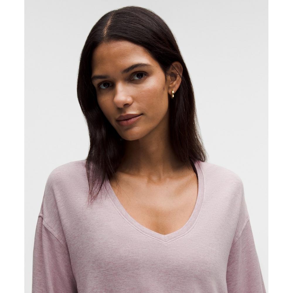 Lululemon Becalm V Neck Bell sleeVe Shirt Heathered Porcelain Pink