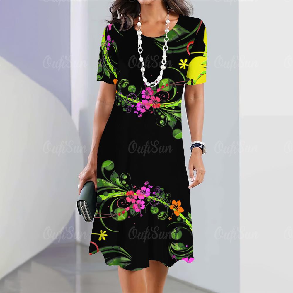 Summer Women's Short-sleeved Pullover Casual Loose Dress 3d Floral Print O-neck Fashion Women's Clothing
