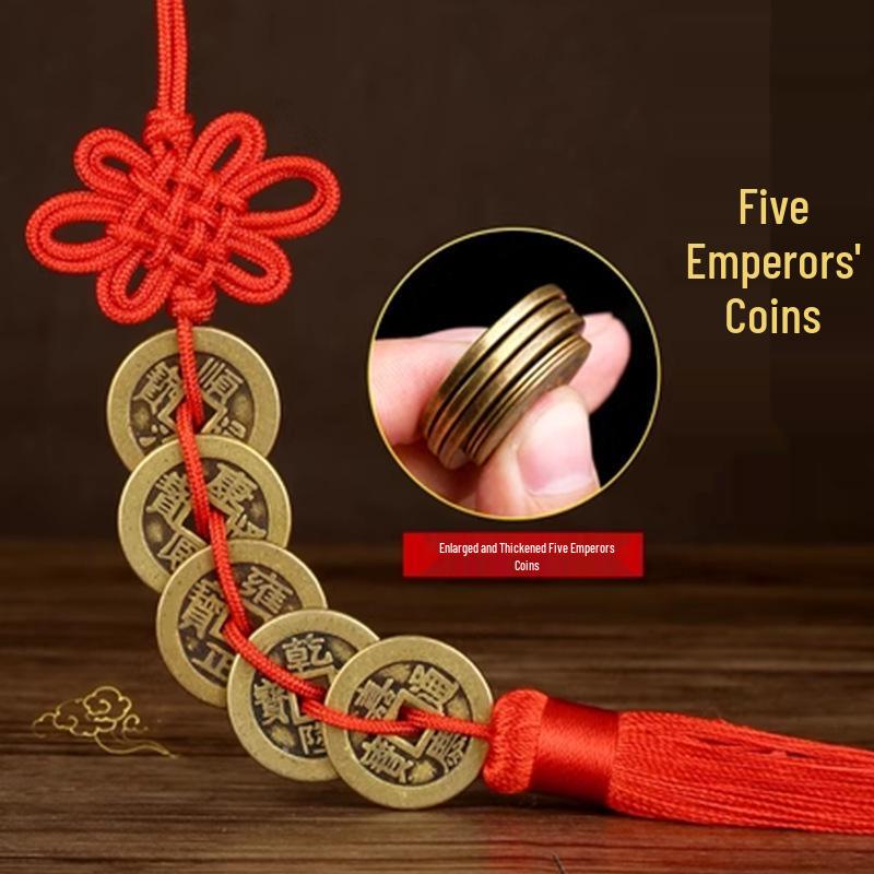 Reines Messing Fünf/Sechs Kaiser Münzen Anhänger mit Chinesischem Knoten, Rot-Gelb, Verdickt 2,5cm-2,8cm Kupfermünzen