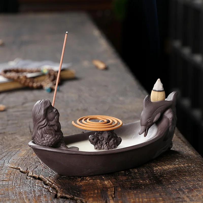 

Керамические изделия ручной работы в виде русалки, курильница с обратным потоком, держатель для благовоний, фиолетовые глиняные благовония, кадильница, декор для подарков