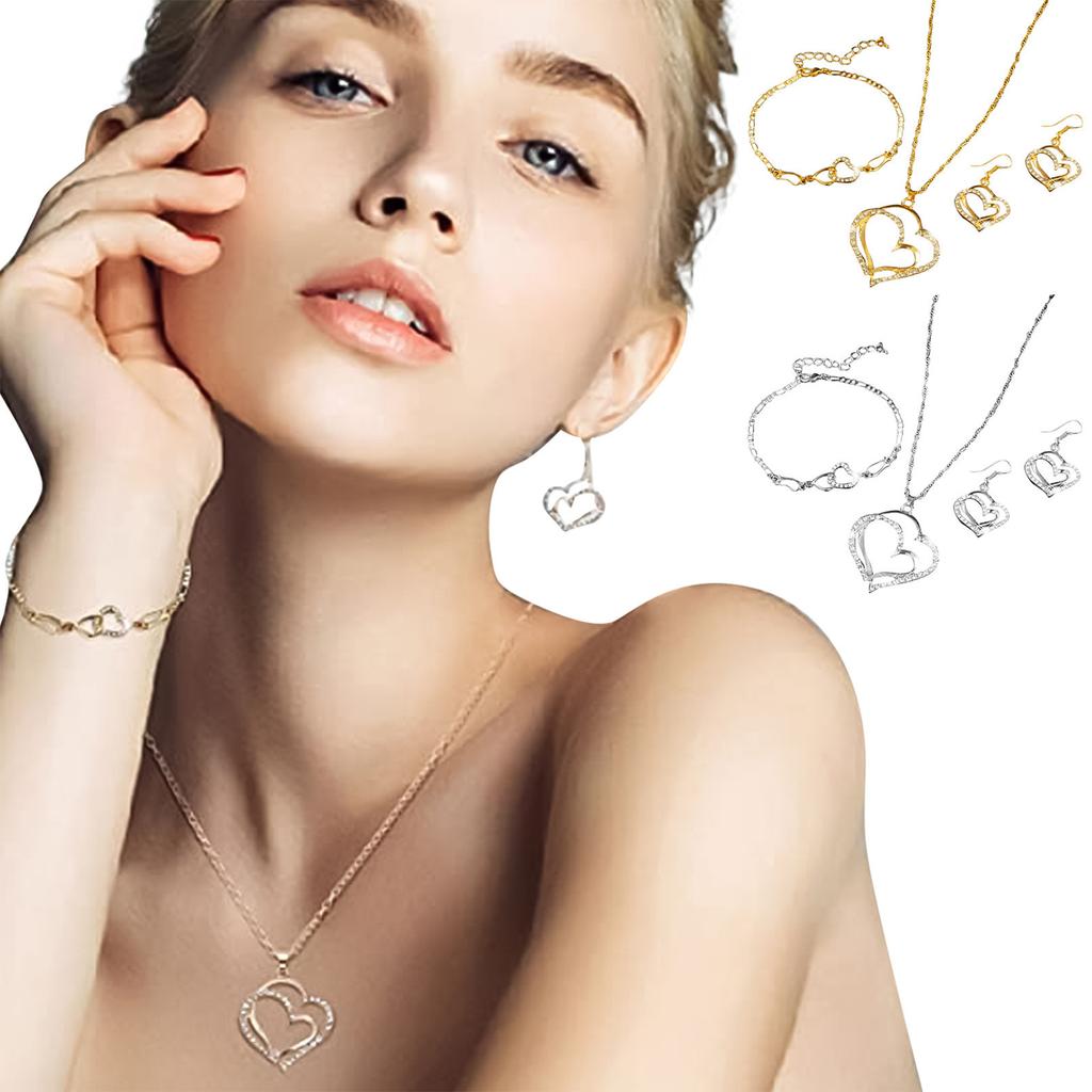 Fashionable Double Love  Luxury Cool Wind   Gold Yellow Two Color Exquisite Bracelet Necklace Earring Set Gift