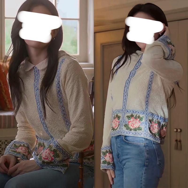 Gao Yunjin: Lightweight See-Through Long-Sleeve Top with Heavy Embroidery Design for Women L (58-63 kg)