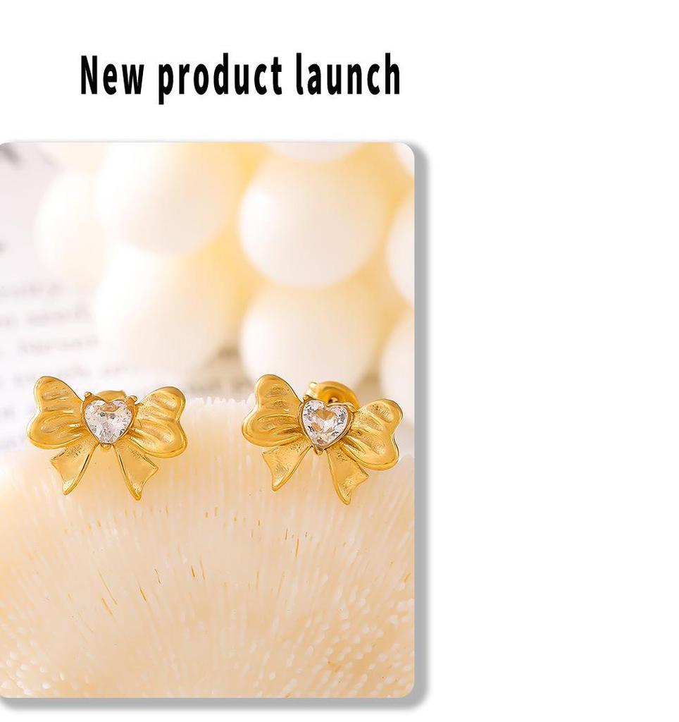 Gold-Plated Zircon Heart Stud Earrings with Pleated Bow Design