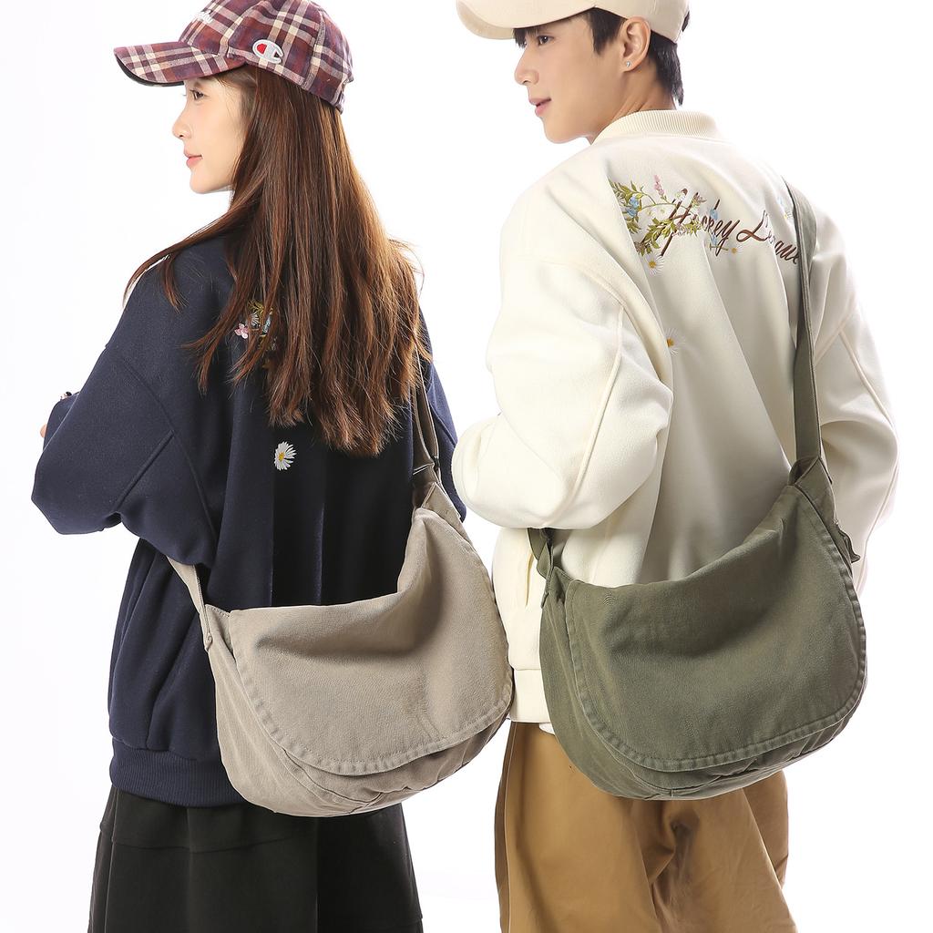Japanese and Korean Style Versatile Retro Washed Canvas Crossbody Bag, Men's Casual Dumpling Bag, Youth Travel Single Shoulder Backpack