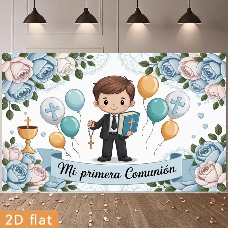 

2D Mi Primera Comunión Photography Backdrop, Cute Boy with Bible & Rosary First Communion Background 47.2x31.5inch/120*80cm