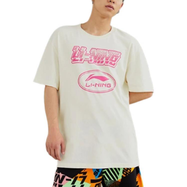 Li Ning T Shirts Unisex Ecru Crew Neck Moderate Straight Fit AHSS175-1