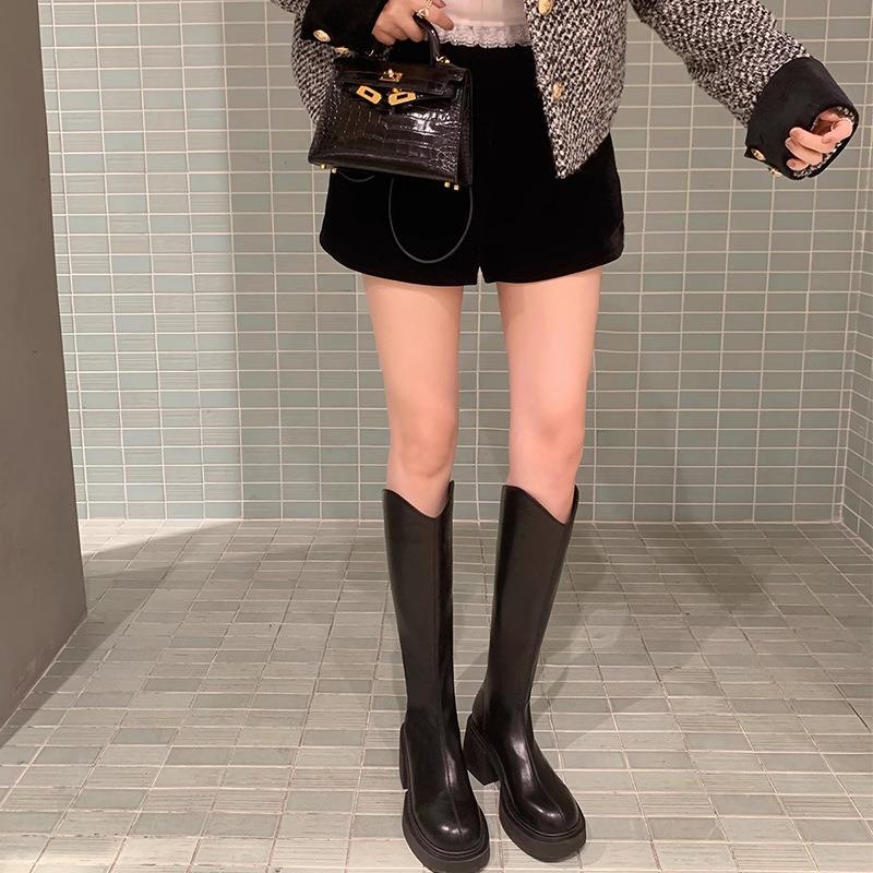 Black V-mouth Women's Long Boots Round Head 7CM Square Heel Heightening Knee-High Boots Fashion Sewing Rear Zipper Women Shoes