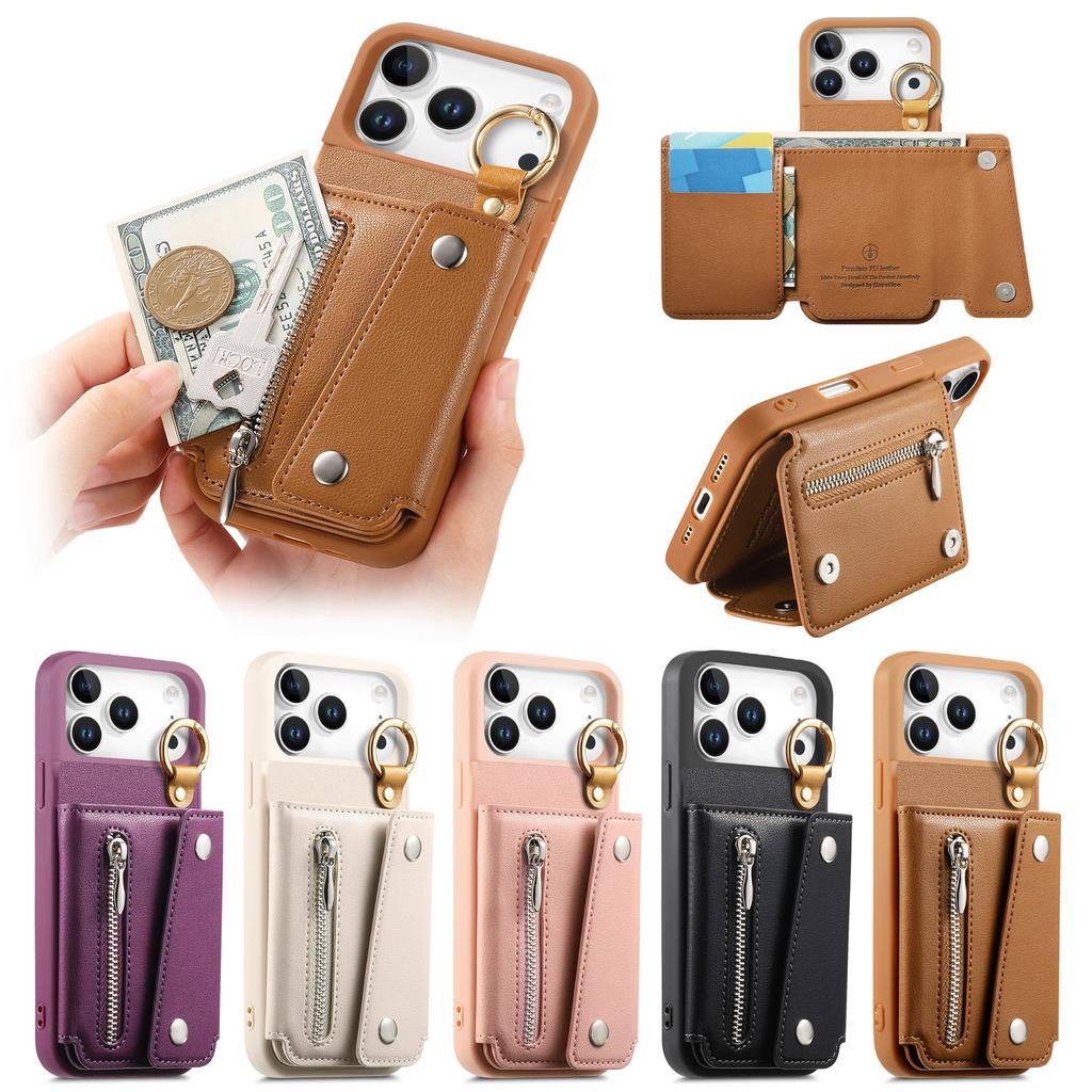 Zipper Cards Solt Leather Wallet Case for iPhone 17 Pro Max 16 Plus 15 14 13 12 11 17air Ring Holder Triple Fold Bag Stand Cover