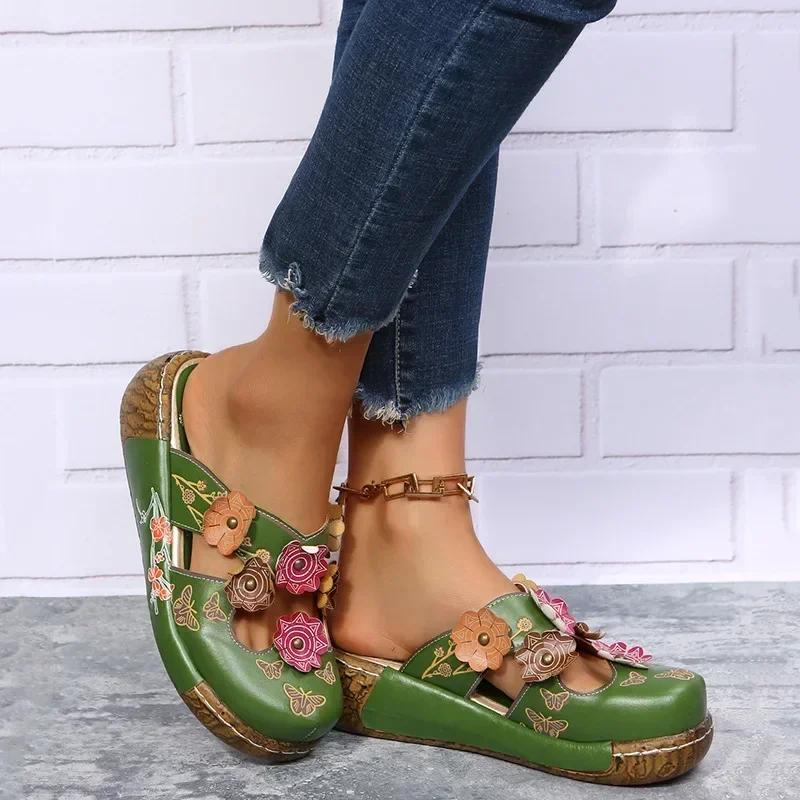Women s Wedge Mule Shoes Flower Decor Cut-out Floral Print Slide Sandals Tribal Style Slip On Shoes Koningsdag/King s Day 35EU/CN36 зелёный