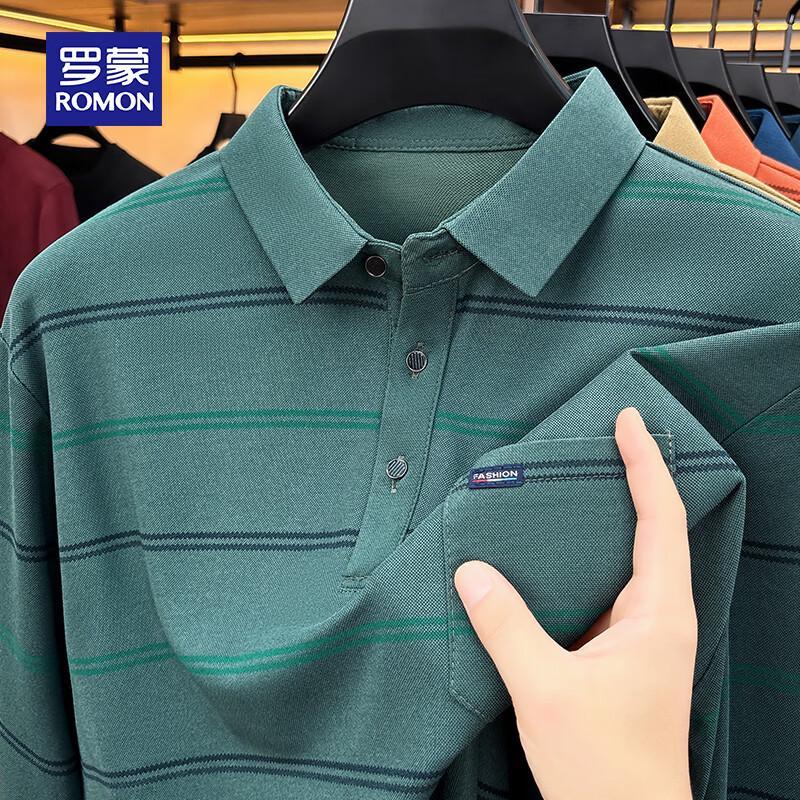 ROMON Men's Striped Business Casual Long Sleeve Polo Shirt
