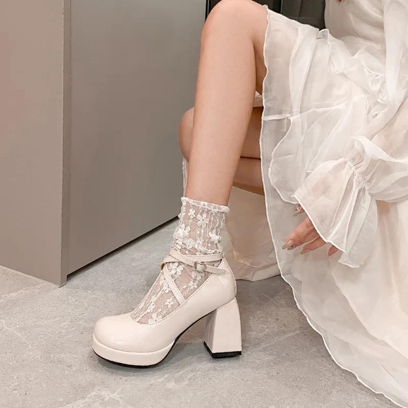 

Fashion Shallow Round Toe Mary Janes Buckle Strap High Heel Square Heel 2025 High Quality Ladies Shoes Spring/autumn Dress Pumps 35