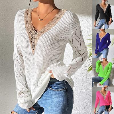 Women Autumn Spring Pullovers and Sweaters Ladies Lace V-neck Long Sleeve Knitted Hollow Out Sweater Tops