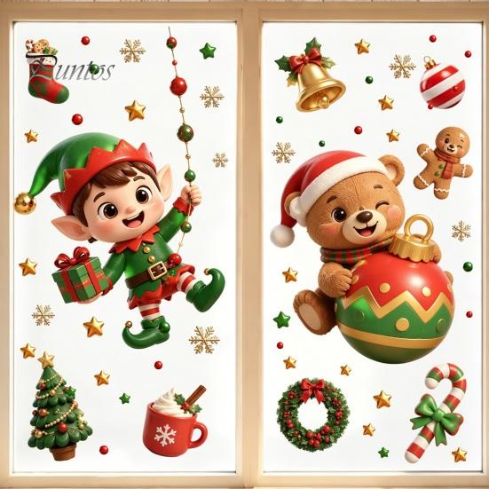 Winter Holiday Window Decorations 2PCS Christmas Static Sticker, Cute Cartoon Elves And Bears Easy Installation Glass Adhesives Print, PVC Stickers