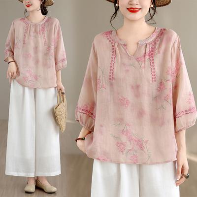 DIMANAF 2026 Plus Size Summer Women Blouse Shirts Tunic Oversize Loose Casual Cotton Lady Tops Tees Vintage Print Floral Pink